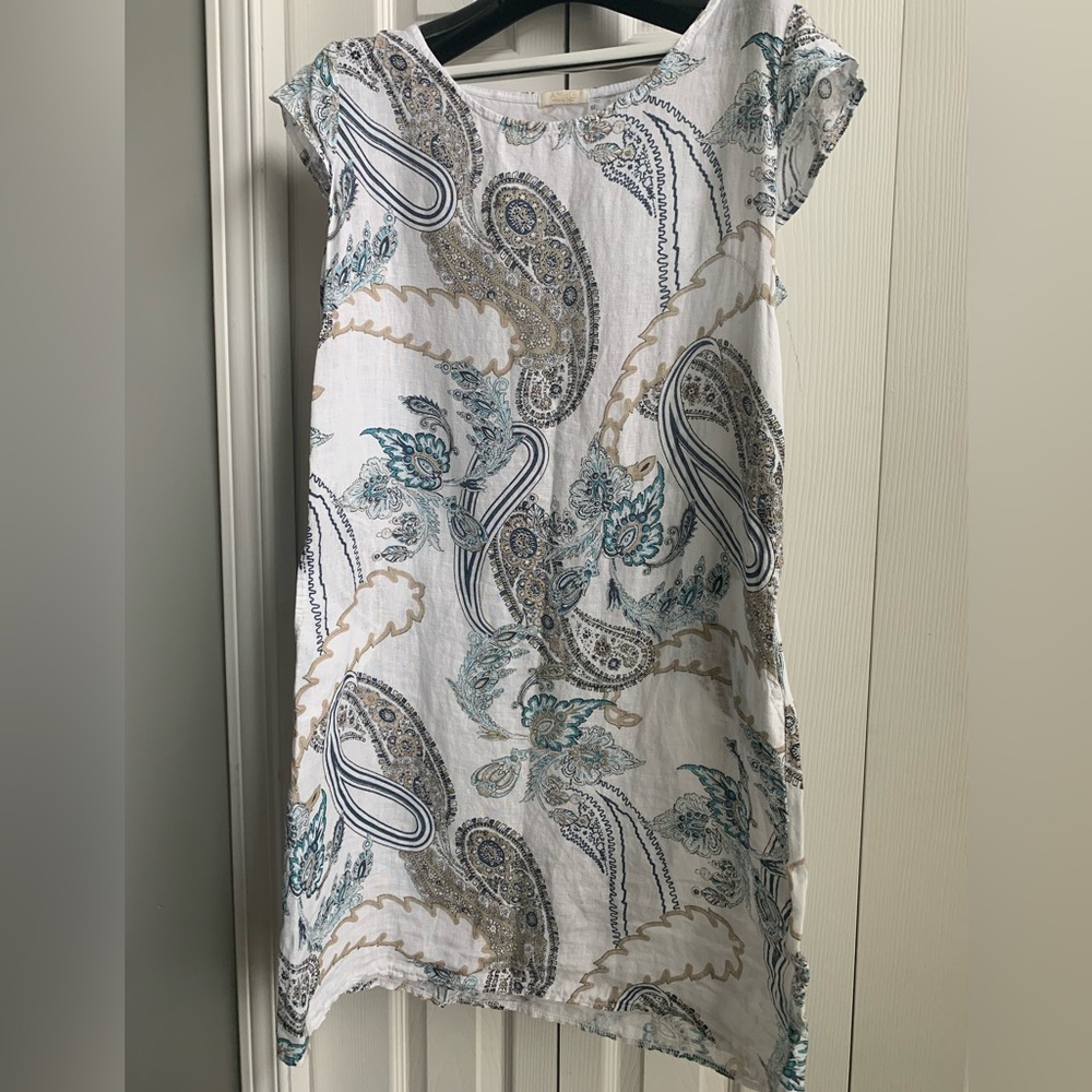 100% Linen Paisley Print Cap Sleeve Dress